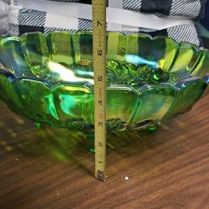1970's Indiana Carnival Glass Iridescent Green Rainbow Oval Bowl